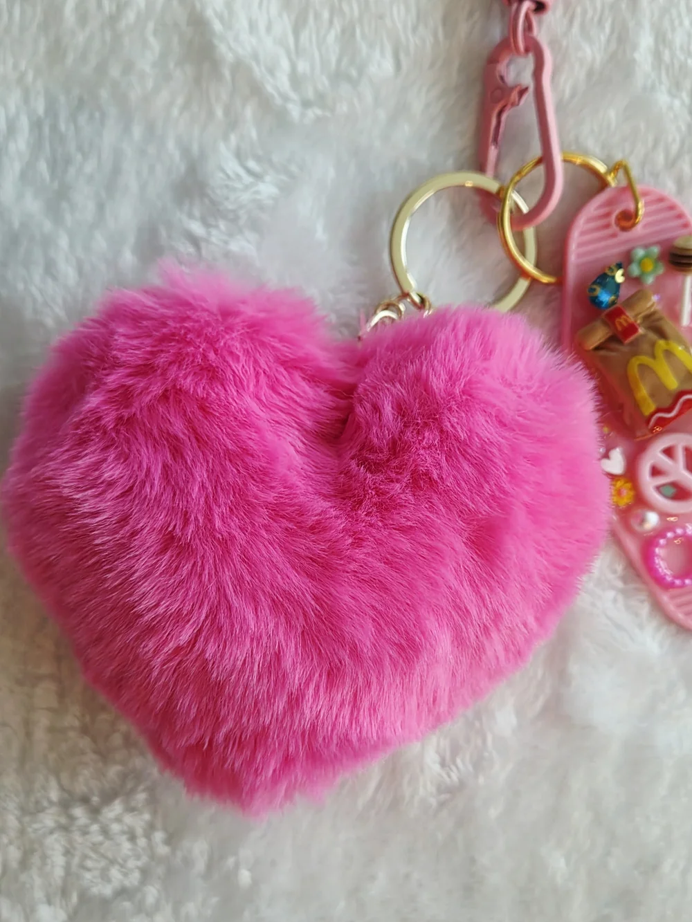 Pink Fuzzy Heart Junk Keychain with Decorative Pink Peace McDonalds Bag Charm